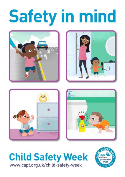 A poster for Child Safety Week including illustrations of potential hazards for young children.