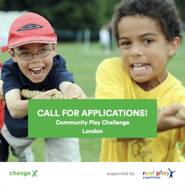 Two children tugging on a rope with a green text box saying &#039;Call for applications! Community Play Challenge London&#039;.