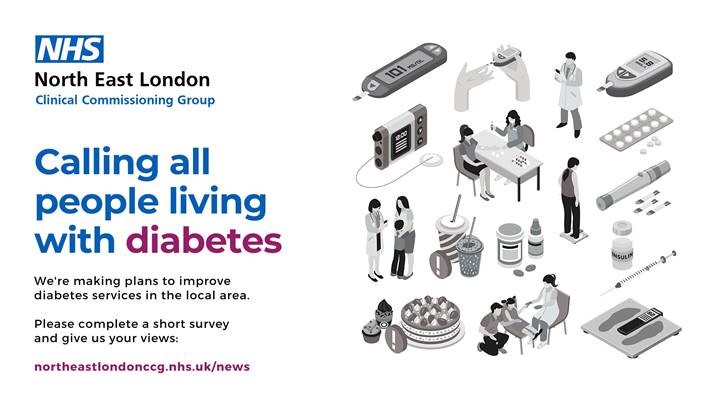&#039;Calling all people living with diabetes&#039; next to a series of drawings, including glucometers, insulin injections, medical appointments and people eating meals.