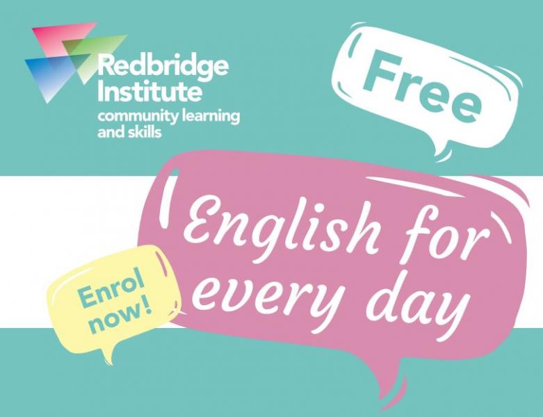 &#039;English for every day&#039;, &#039;enrol now&#039;, and &#039;free&#039; are written in speech bubbles against a blue and white backdrop.
