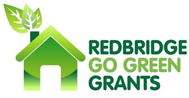 A graphic icon of a green house with leaves coming out of the chimney next to the text, &#039;Redbridge Go Green Grants&#039;.