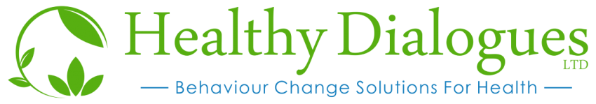 On the left is a drawing of a green leaf curved round in a circle. &#039;Healthy Dialogues Ltd&#039; is written next to it in green. Below &#039;Behaviour Change Solutions for Health&#039; is written in smaller blue writing.