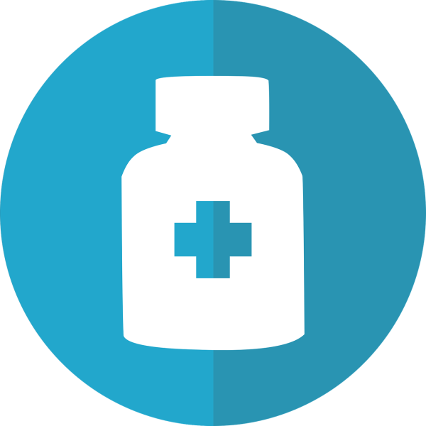A blue circle with a stencil in the shape of a bottle of medicines and a cross in it. 