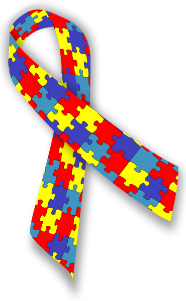 The autism awareness ribbon - contains multicoloured puzzle pieces assembled together.