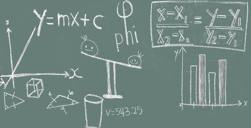 An image of equations, shapes and graphs drawn on a blackboard. 