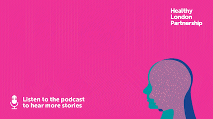 A poster encouraging people to listen to the podcast, including a silhouette of a person&#039;s face against a pink background.