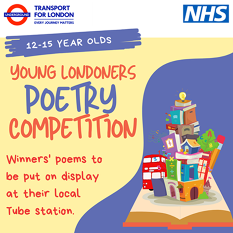 A poster for the competition including information from the text and a cartoon of an open book with houses and a London bus jumping out of it.