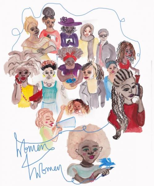 A naive and colourful watercolour painting of a diverse group of women assembled together and doing different things with &#039;Women4Women&#039; written below in blue pen. 