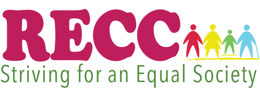 &#039;RECC&#039; is written in large pink lettering with a drawing of four different colour stick figures next to it. &#039;Striving for an Equal Community&#039; is written in smaller green writing.