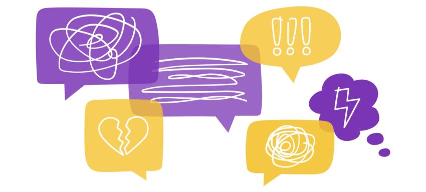 A graphic of five speech bubbles, three purple and three yellow, containing squiggles, a broken heart, exclamation marks and a lightning icon.