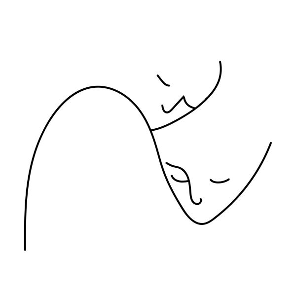 A line drawing of two faces near to each other.