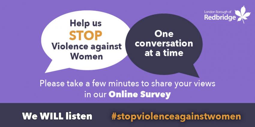 Two speech bubbles containing &#039;Help us STOP violence against women&#039; and &#039;One Conversation at a time&#039; against a lilac backdrop. &#039;#stopviolenceagainstwomen&#039; and &#039;we WILL listen&#039; are written on a panel below. In the top right is the council logo.