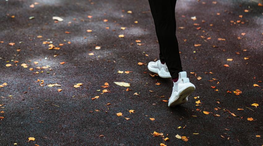 A person wearing trainers walking on a path.