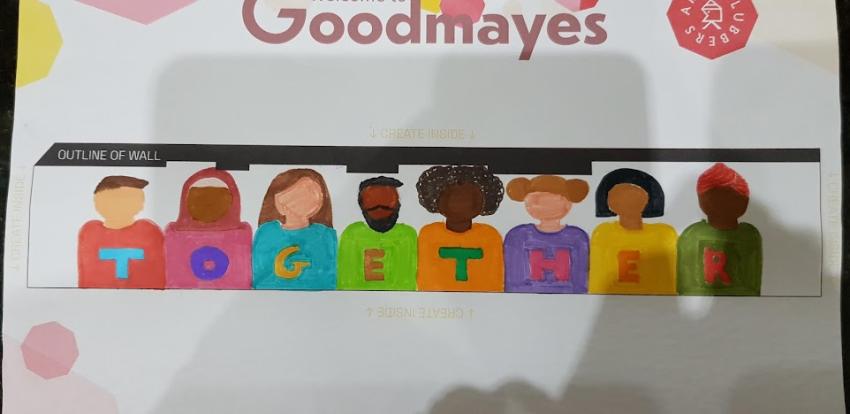 A drawing of 8 people stood next to each other, of a variety of backgrounds and wearing a variety of clothes, with the letters &#039;TOGETHER&#039; printed on their t-shirts.