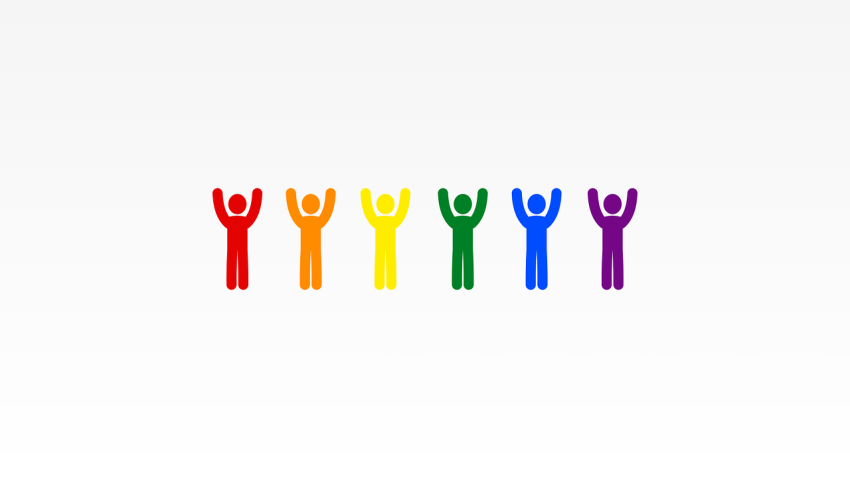6 small figures raising their hands in the colours of the LGBT Pride flag.