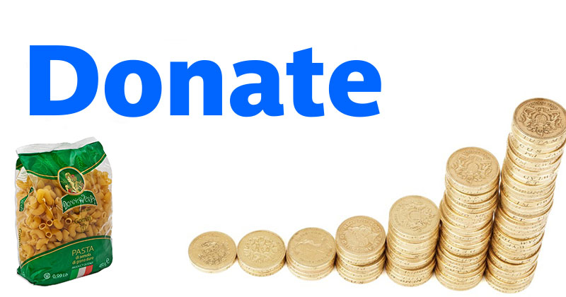 Text donate, bag of pasta and pile of coins