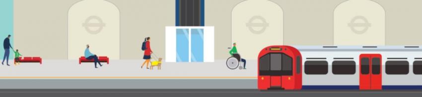 A graphic image of a London Underground station platform with an incoming train and a diverse range of passengers walking across the platform.